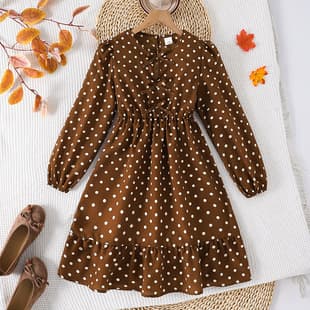 French Cross-Border Girls Long Dress 2026 Export New Style Coffee Ground Small Polka Dot Pleated Waist Gentle Princess Dress