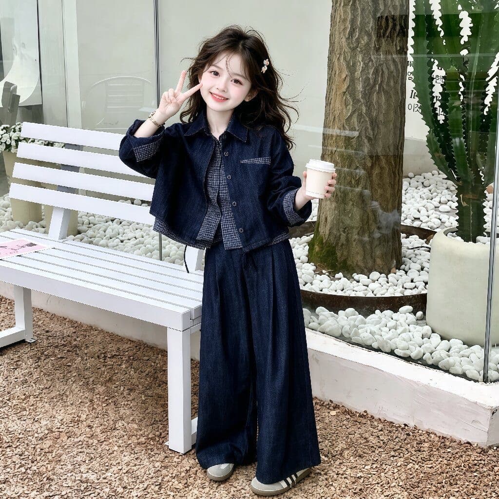 Girls retro denim suit 2026 new autumn style medium and large children's style jacket denim straight pants two-piece set trendy