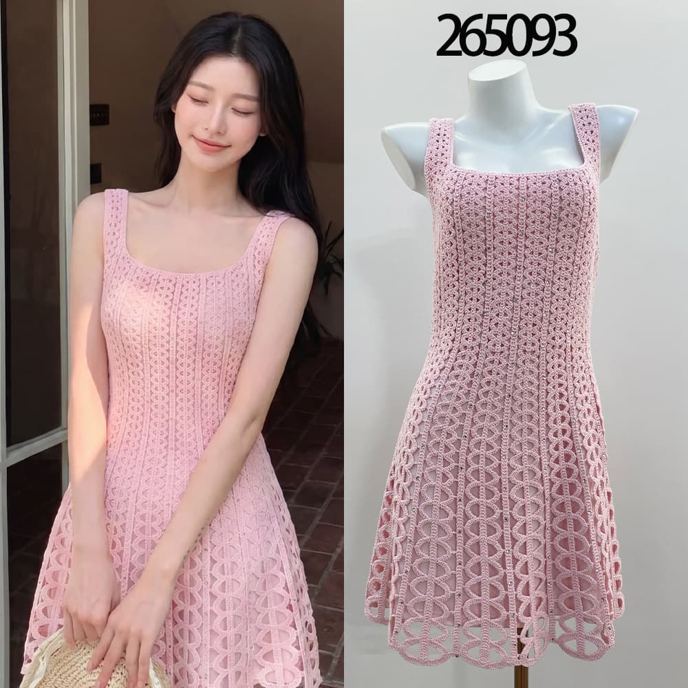 Mj home 265093 spring and summer new style Qianjinfeng heavy industry hot diamond hollow hook pattern waist waist suspender knitted dress for women