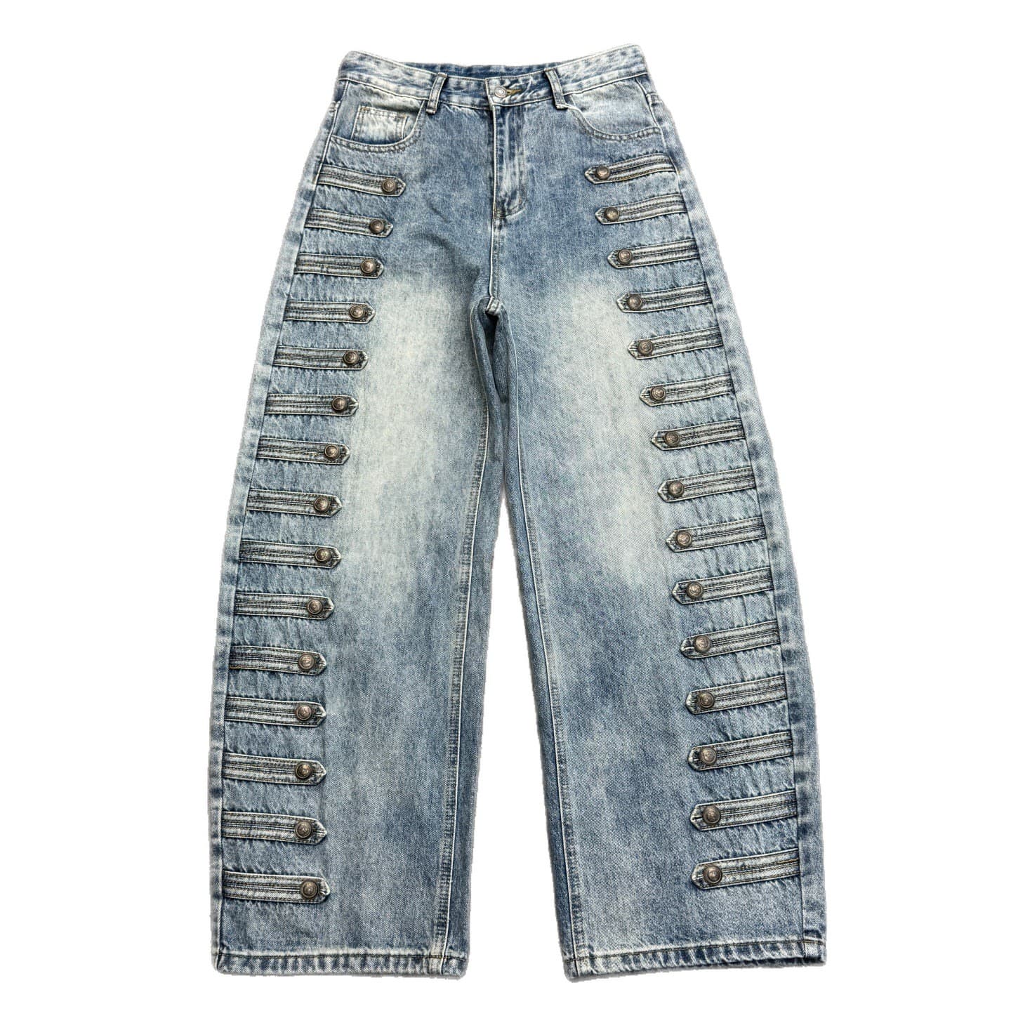 American Retro Multi-Button Eyelet Curved Seam Jeans for Women, Relaxed Casual Wide-Leg Floor-Length Pants