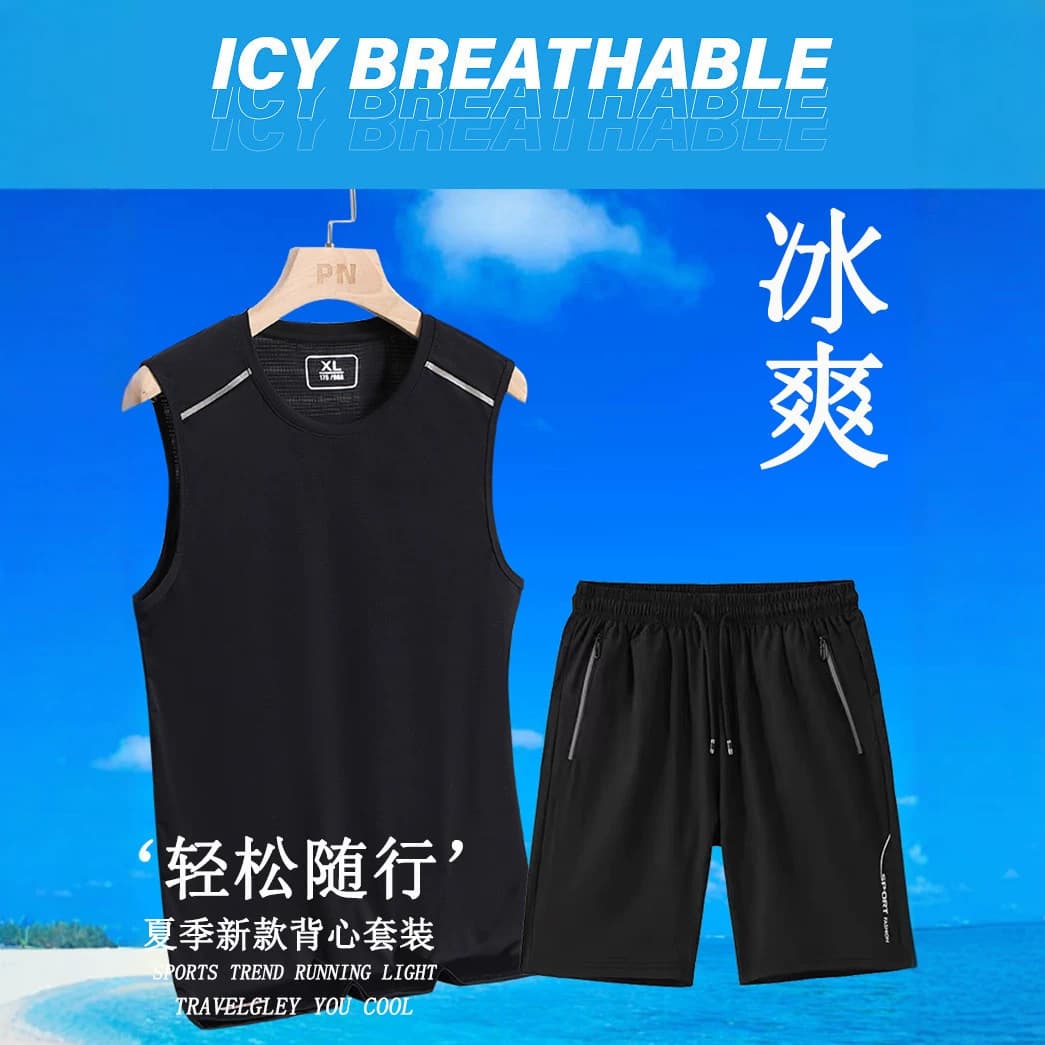 Summer vest sleeveless shorts men's sports ice silk suit men's seamless large size suit dropshipping