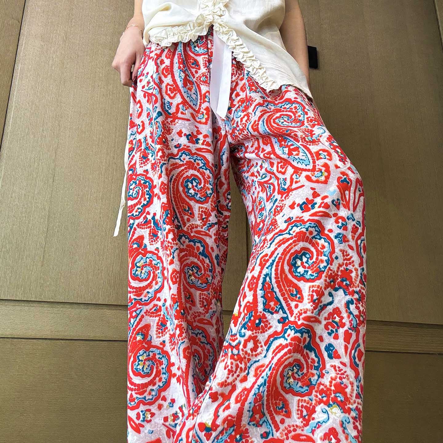 Pink Floral Print Casual Pants for Women Summer Thin Loose Loungewear Long Pants with Draping Effect Cotton Silk Cool Pants