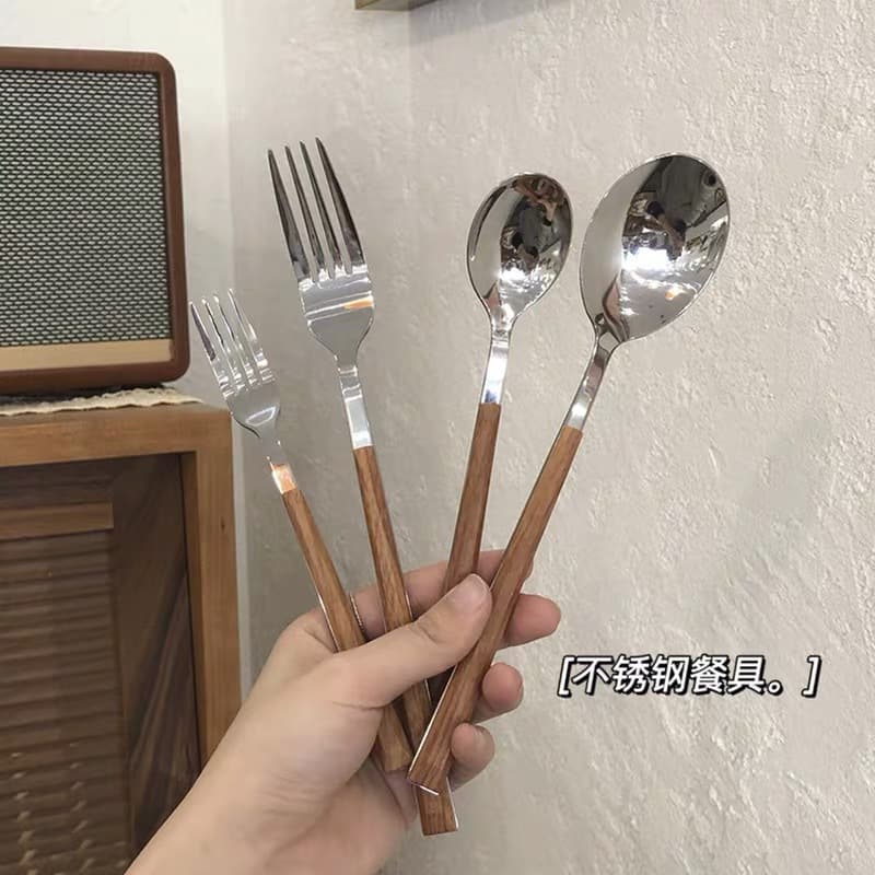 Retro Creative Imitation Wood Handle Stainless Steel Steak Knife Fork Cutlery, Ins-style Dessert Cake Bread Western Knife Fork Set