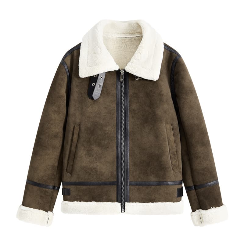 [Source Factory] New Faux Fur-Lined Leather Jacket, European American Vintage Fleece-Lined Leather Jacket, Trendy