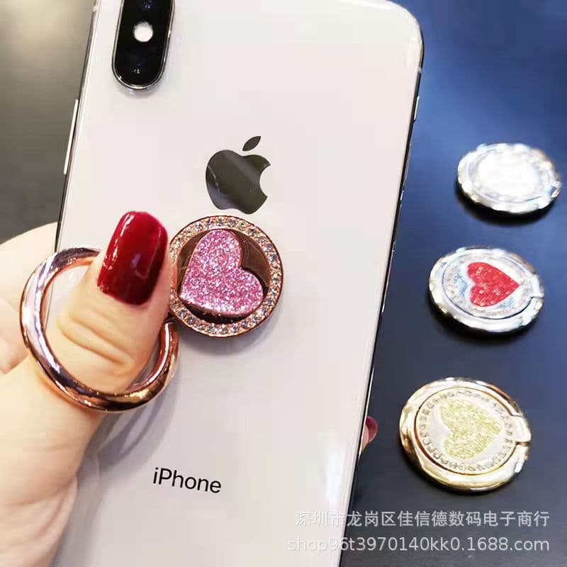 Full metal ring buckle, magnetic car mount, round glitter heart, suitable for mobile phone case ring