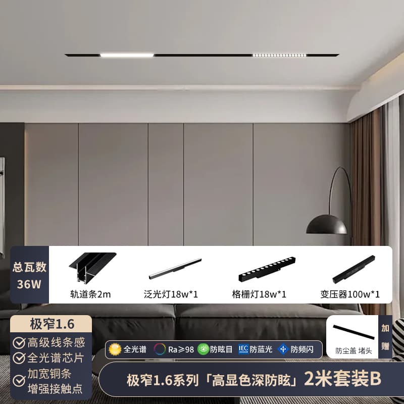 Ultra-Narrow 16-Type Magnetic Track Light, No Main Light Style, Black Surface-Mounted Recessed Ceiling Track Light for Living Room