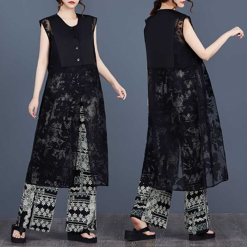 In Stock Real Shot Summer Round Neck Sleeveless Chinese Style Black Mid-Length Spliced Vest Cardigan Dress