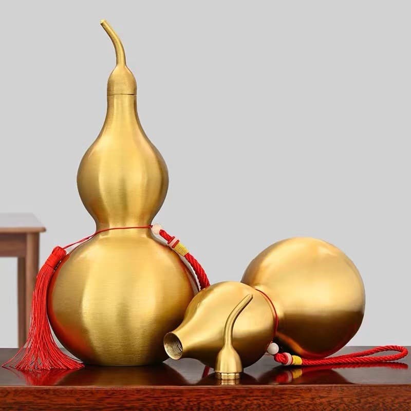 Large Hollow Open Brass Gourd Ornament with Five Emperor Coins, Brass Bagua Gourd Craft Hanging Decoration