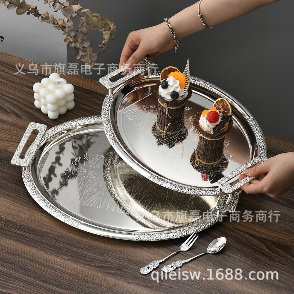 Cross-border luxury metal tray, oval fruit plate, cake baking storage tray, café restaurant high-end feeling tray