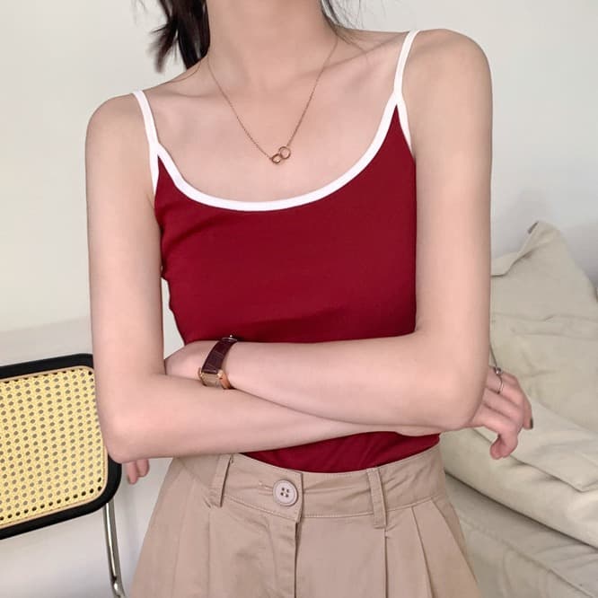 6827# Color-block Camisole Top for Summer, Sweet and Chic Slim Fit Vest, Sleeveless Layering Undershirt