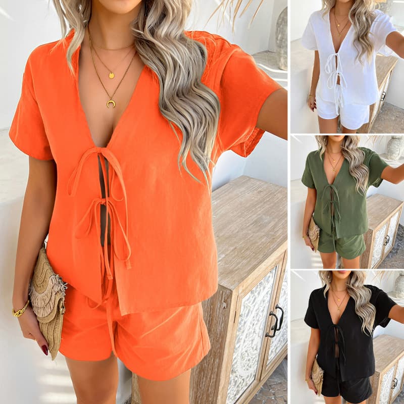 Women's Cross-Border Europe & USA 2025 Spring/Summer Casual Solid Vacation Style Short-Sleeve Tie Top and Shorts Set