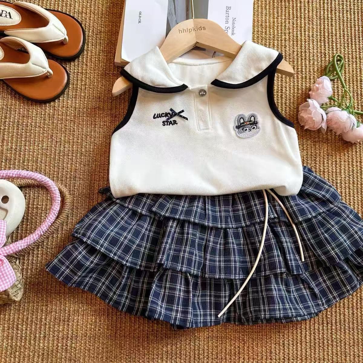 Girls' Preppy Style Set Summer New Children's Trendy Fashionable Summer Outfit Baby Girl Cake Skirt Two-Piece Set 26300
