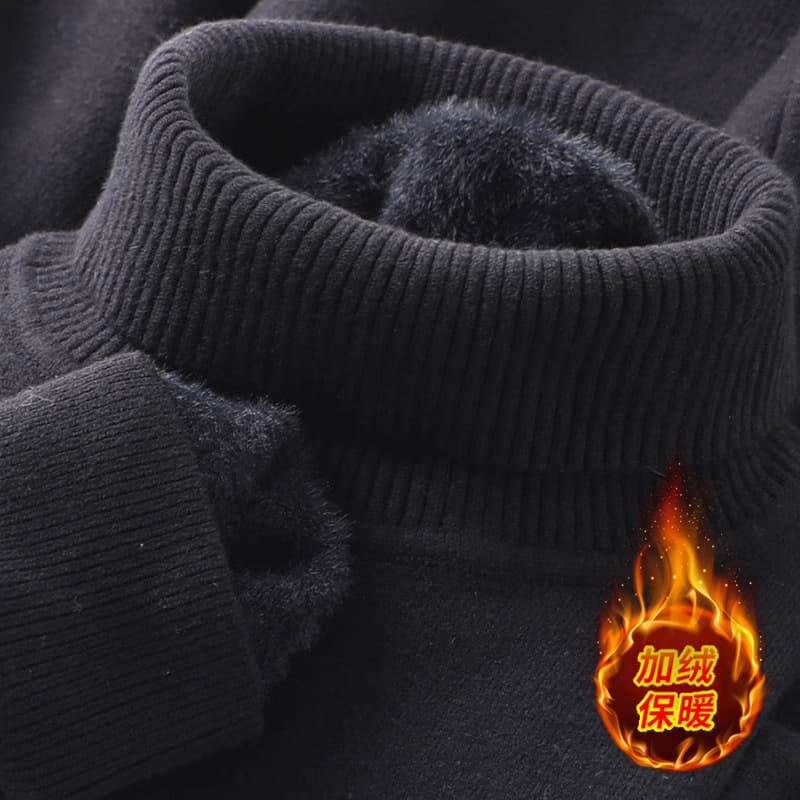 Autumn/Winter Thermal Base Layer Men's Solid Color High Neck Knitted Sweater with Fleece Lining