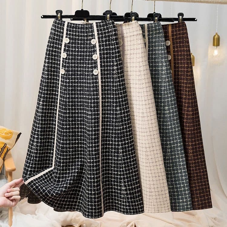 Vintage Chanel-style Plaid Knit Skirt for Women, Autumn/Winter Elastic High-Waist Slimming Mid-Length A-Line Flared Skirt