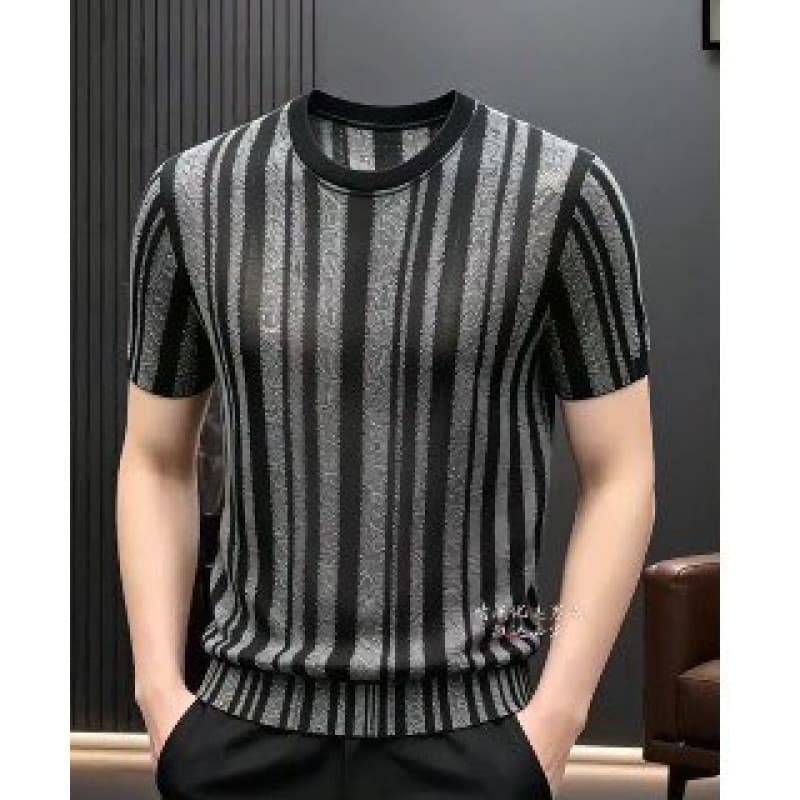 Luxury Street Brand Vertical Stripe Short Sleeve T-Shirt Men Old Money Style Cool Breathable Ice Silk Tee European Style Handsome Versatile T-Shirt