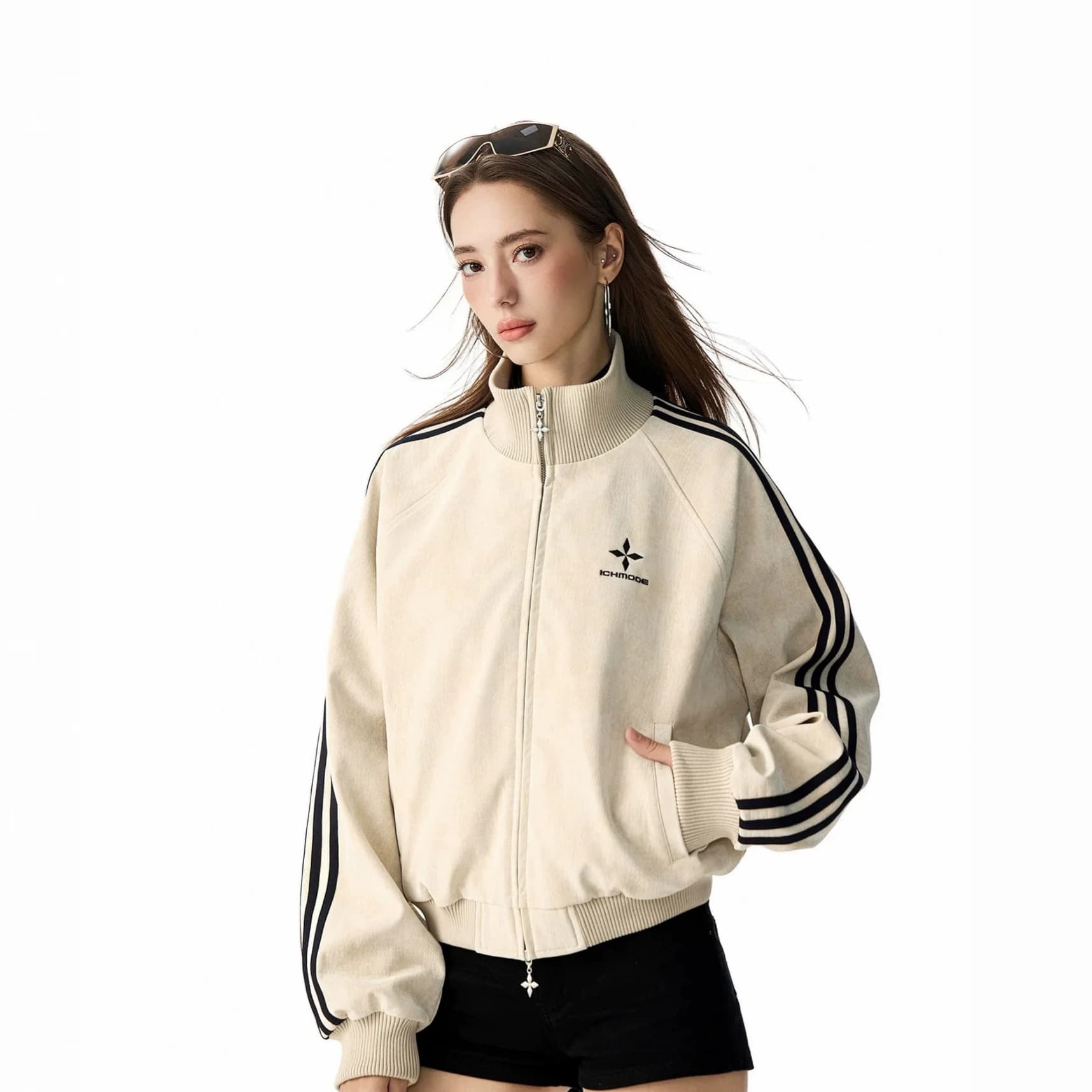 Factory In-Stock Three-Stripe Lychee-Texture PU Leather Jacket Women 2026 Autumn Sports Jacket Synthetic Leather with Tags