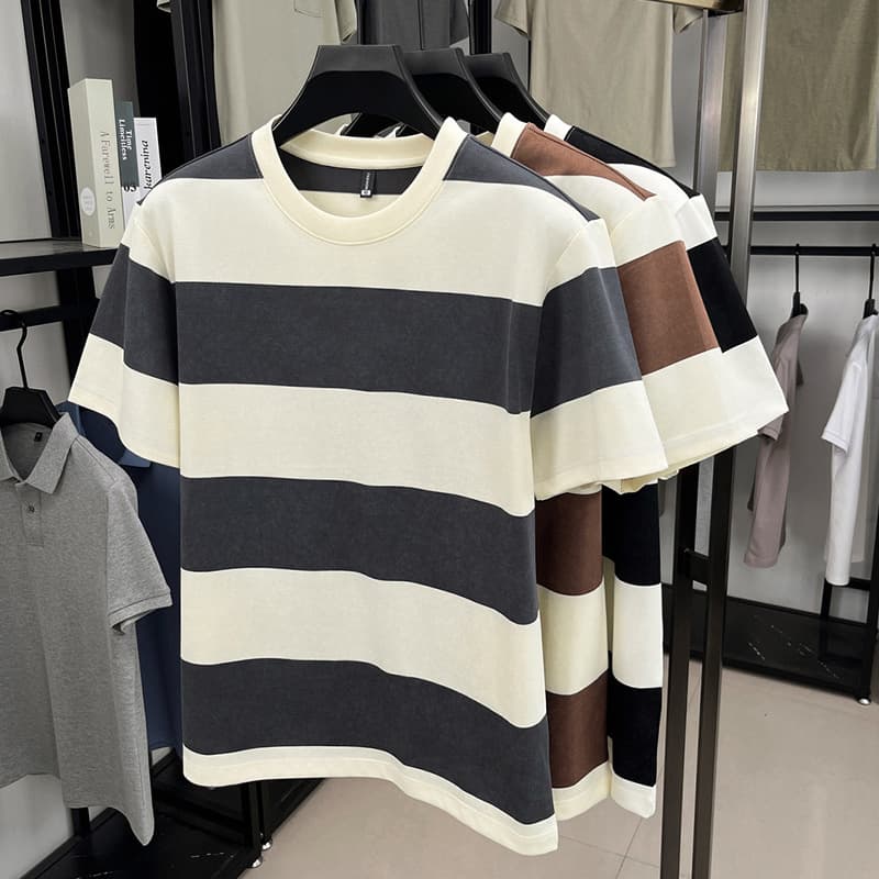 New Summer Men's Short Sleeve T-Shirt, Casual Striped Round Neck Cotton Loose Fit Top for Young and Middle-Aged Adults
