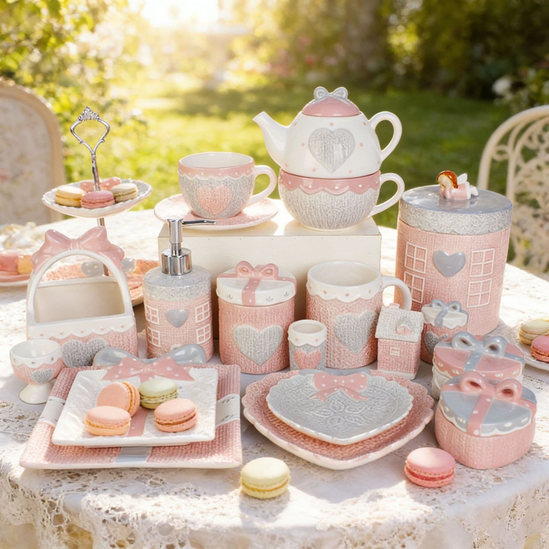 Foreign trade wholesale ceramic pink and gray love bow embossed tea set storage jar Western food set cross-border exclusive supply