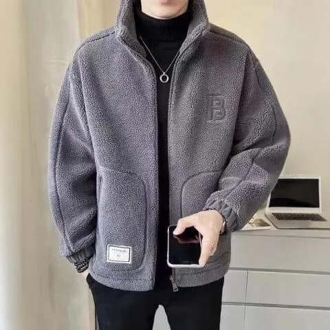 2024 Men's Fall/Winter New Faux Lamb Fleece Jacket, Stand Collar Trendy Thickened Lined Winter Coat