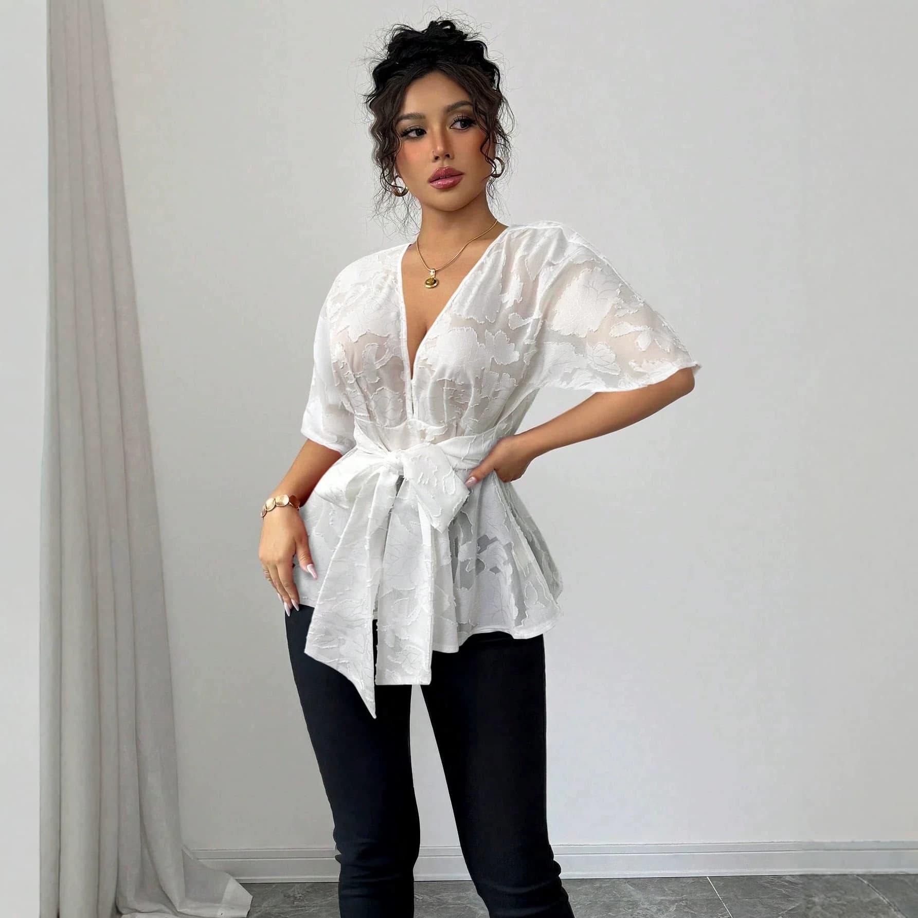 European and American cross-border fashion hot spring and autumn new fashion sexy translucent long-sleeved V-neck women's shirts