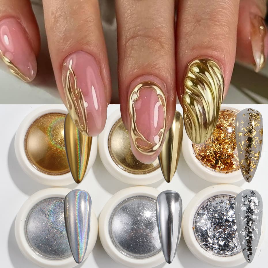 New Cross-Border Nail Glitter Powder 6 Colors Shiny Retro Gold Silver Halo Laser Mirror Powder Gold Foil Nail Glitter