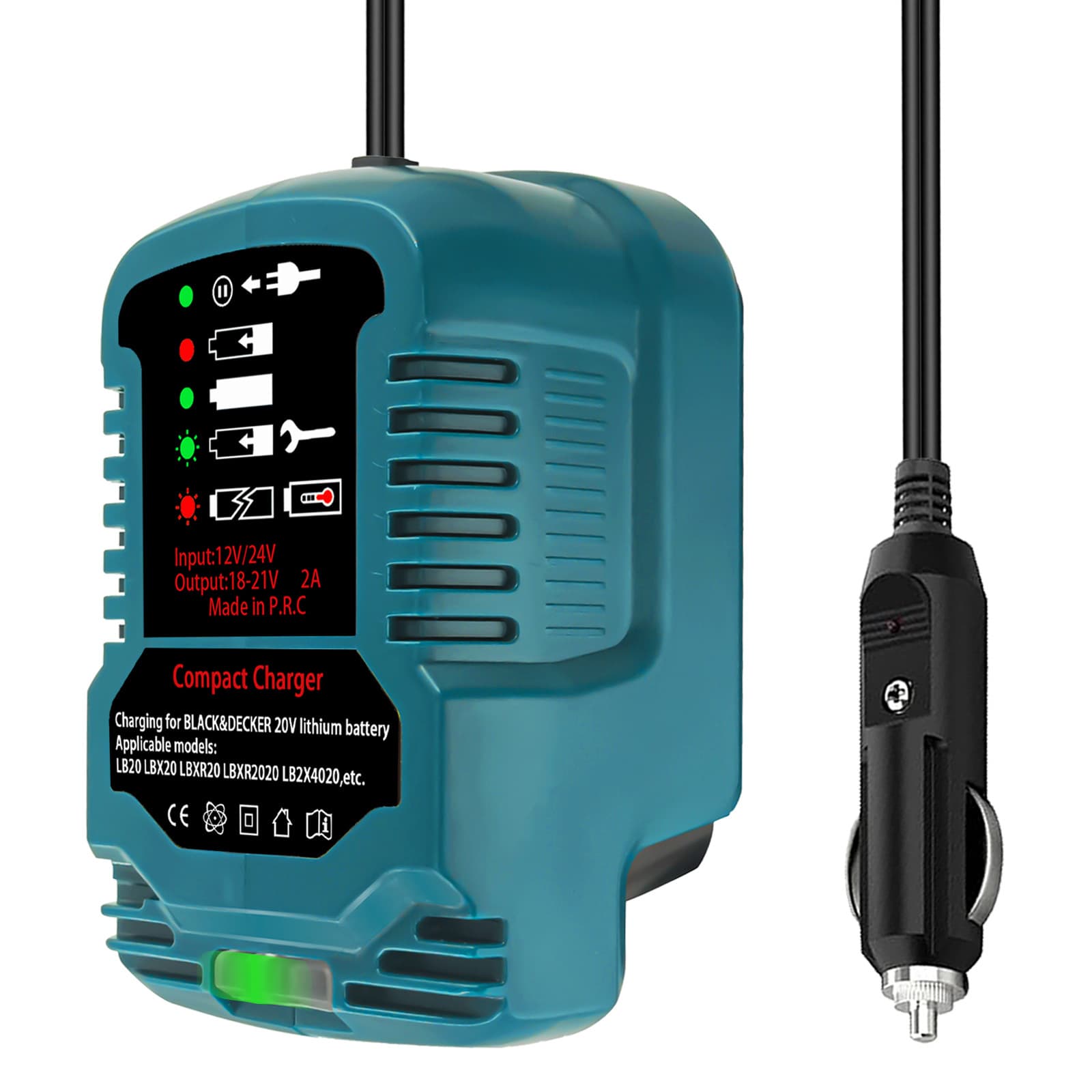 The mini charger is compatible with various battery chargers from brands such as Makita, DW, and Dr. Milwaukee (110-240V).