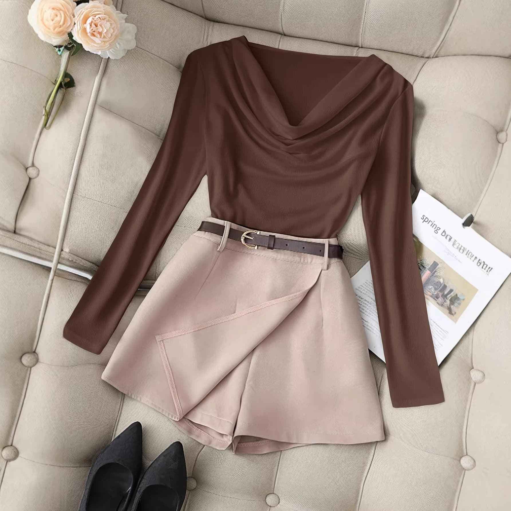 Amazon Temu TikTok Viral French Draped Neck Top Women's Early Fall Pure Desire Style Long Sleeve Slim Fit One