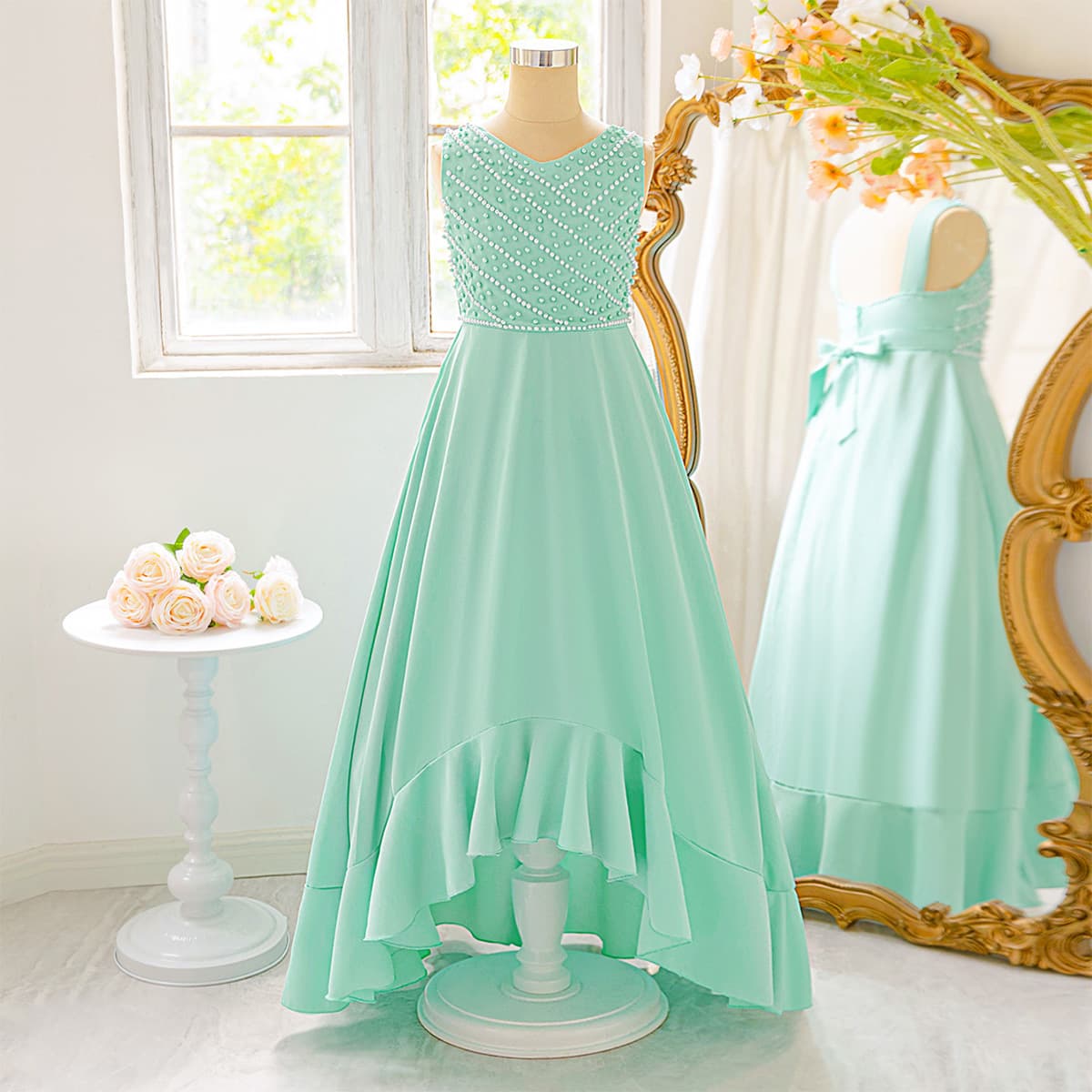 Amazon New Girls Princess Dress with Beaded Tail for Children's Birthday Party Banquet Runway Evening Gown
