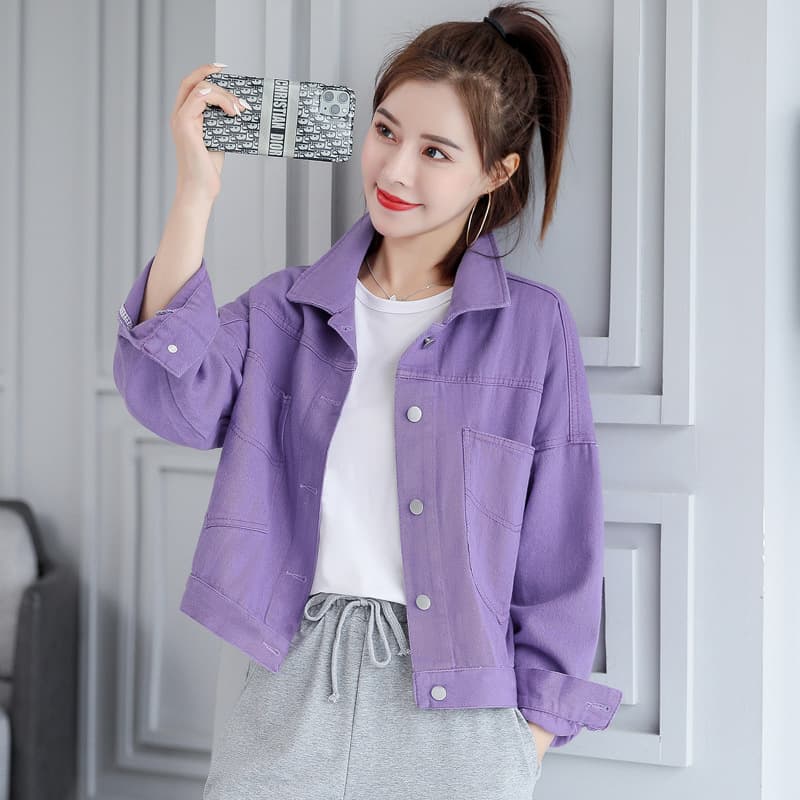 Purple Work Denim Jacket Women Short Korean Style Spring Autumn New Loose Student Petite Fit Jacket Top