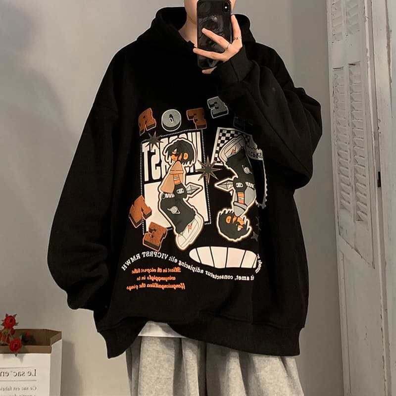 Cartoon hooded sweatshirts for men, spring and autumn American hip-hop tops, high-street West Coast trendy brand jackets, fleece-lined and thickened.