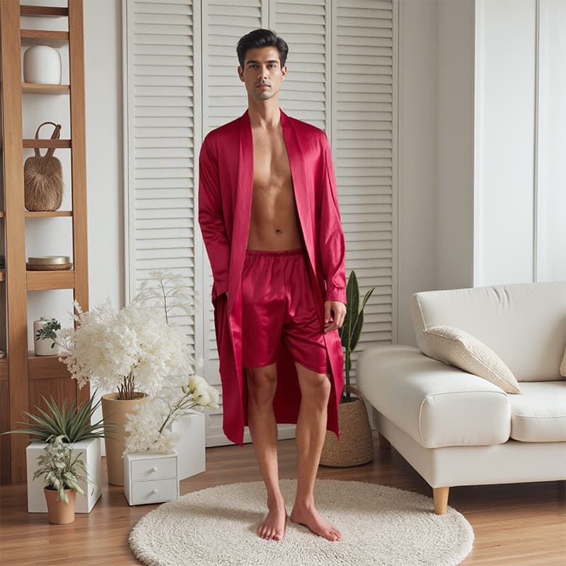 Men's Robe and Shorts Set Solid Color Loungewear Bathrobe Shorts Set Lightweight Pajamas 1015