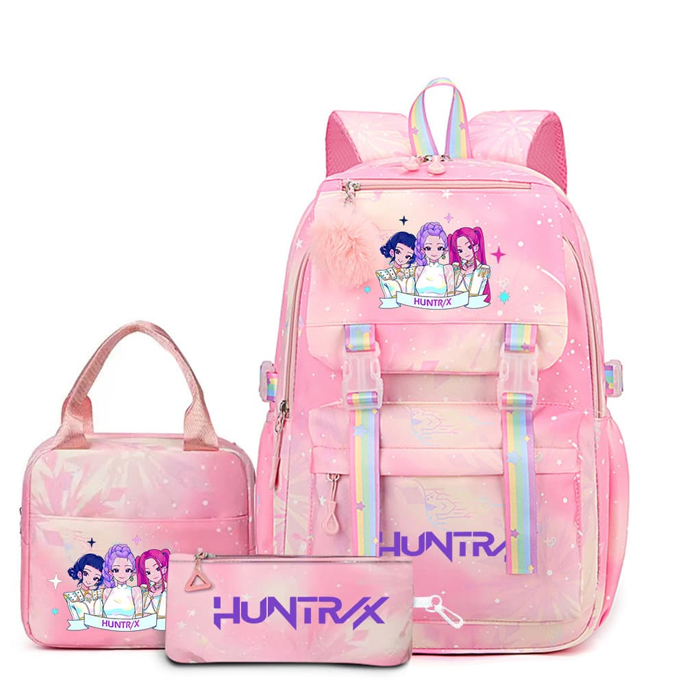 Cross-border wholesale Korean-style backpack student Kpop hunter witch group cartoon schoolbag three-piece set double-shoulder bag custom print