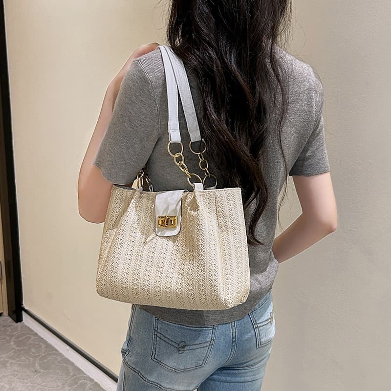 Cross-border Woven Bag Women's 2025 New Shoulder Bag Large Capacity Tote Bag Beach Vacation Straw Woven Bag Wholesale