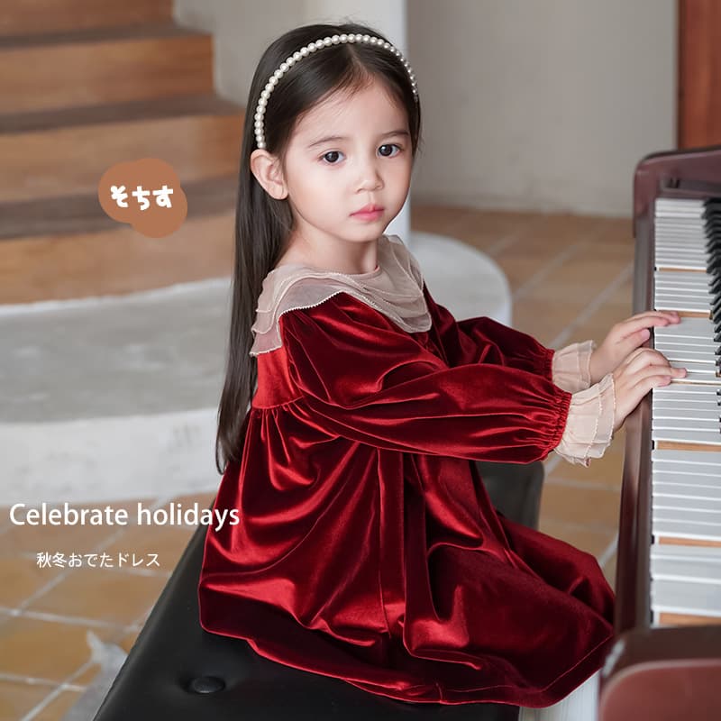 Girl Velvet Dress Christmas New Year Baby Red Dress Girl Elegant Ruffled Collar Dress
