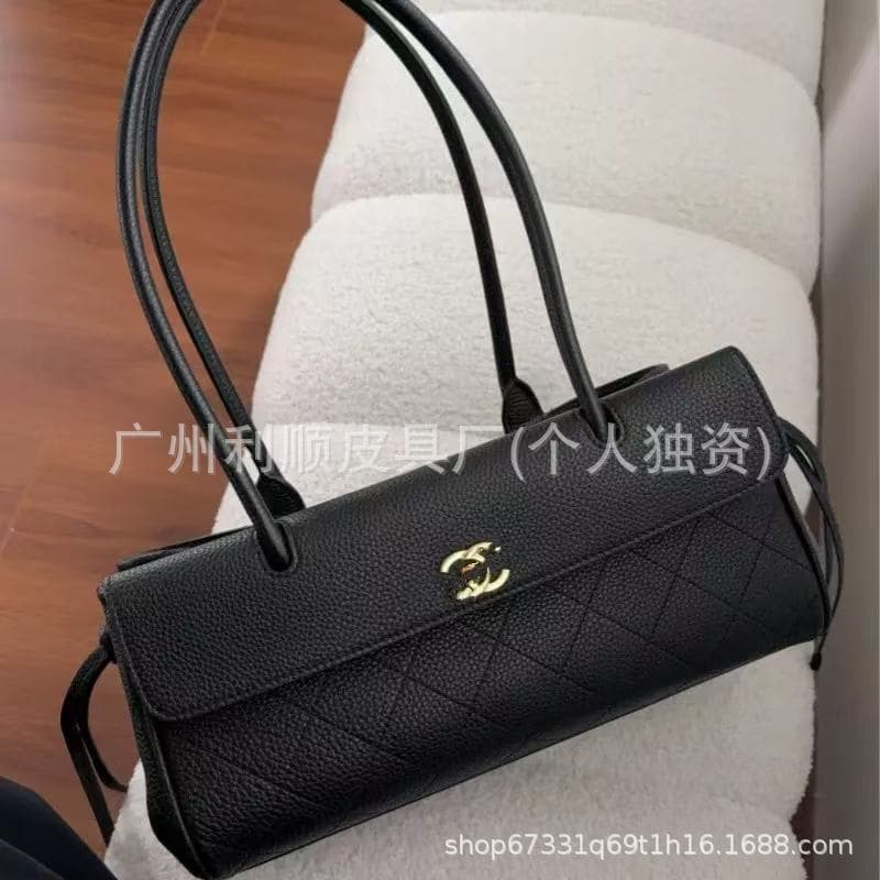 Guangzhou Chanel-Style 26S Bowling Baguette Bag Genuine Leather Underarm Quilted Long Handle Lychee Pattern Single Shoulder Color-Blocking Women's Bag