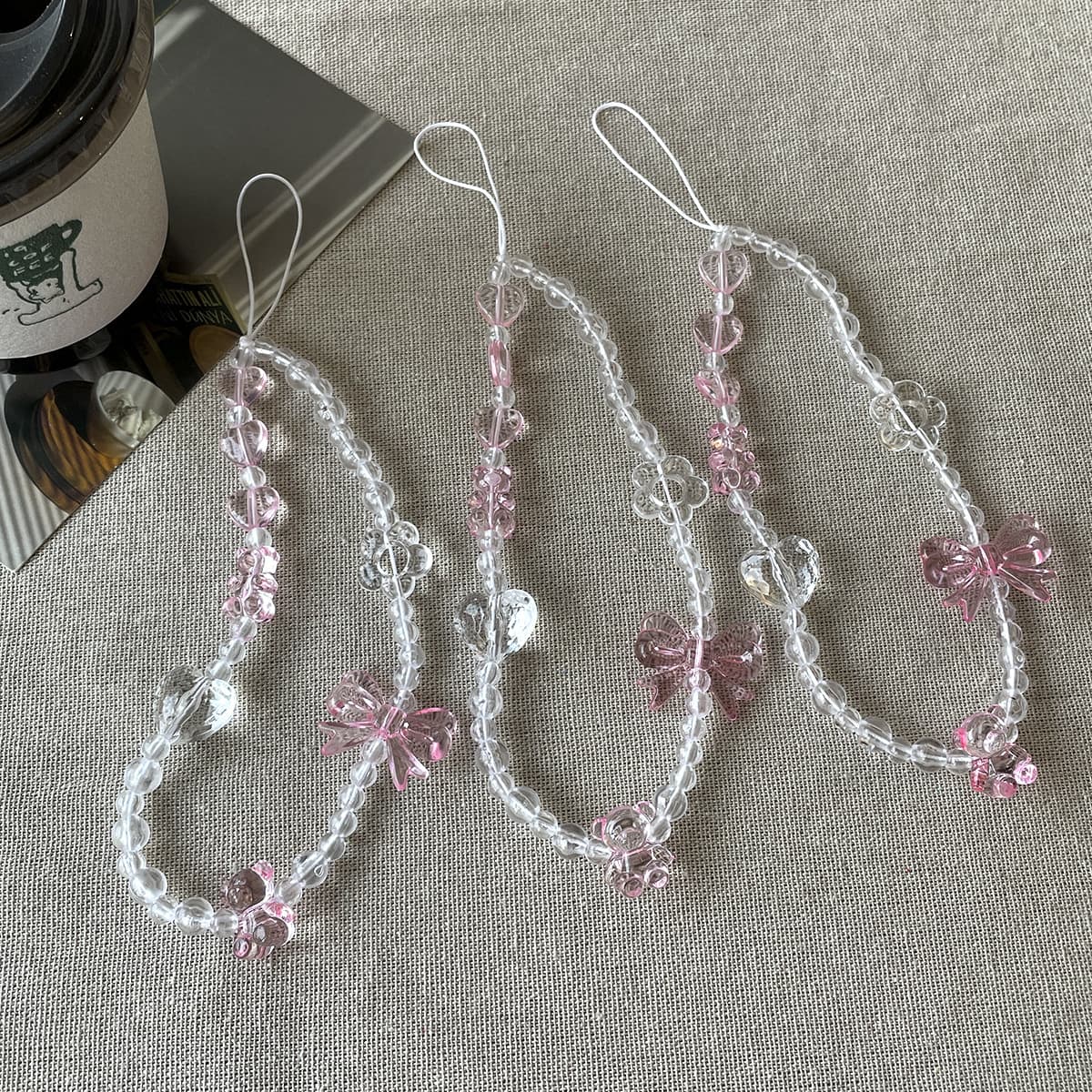 Girl fresh and sweet pink beaded pendant bow mobile phone chain flower love lanyard bag lanyard wholesale