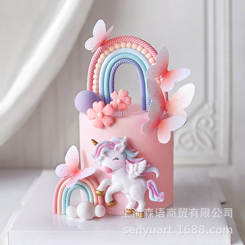Baking cake decoration girly dreamy pink blue rainbow iridescent unicorn cloud butterfly children's birthday toppers