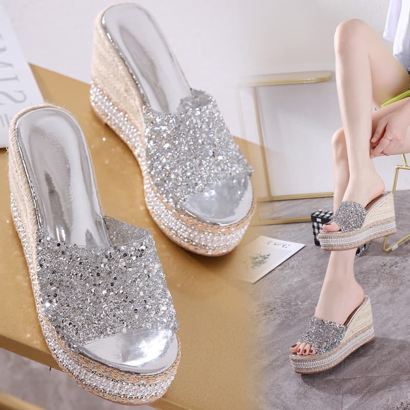 European and American Platform Sandals with Hidden Wedge Heel, Rhinestone Embellished, Woven High Heel, Waterproof Sole, Thick-Soled Slippers for Summer