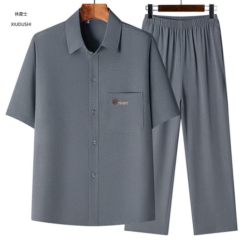 Summer Set Middle-Aged and Elderly High-End Ice Silk Short Sleeve Shirt Men's Thin Grandfather Summer Wear Two-Piece Set