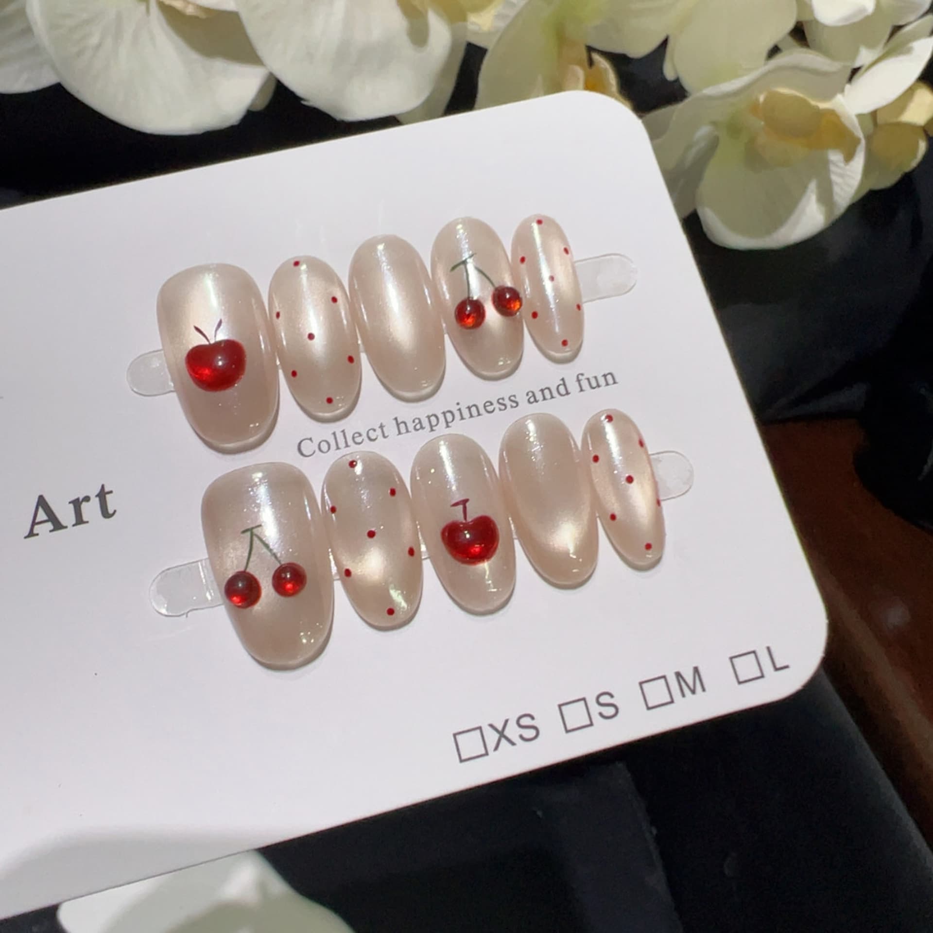 【Cherry Bop Bop】Cherry Glazed Sweet Girl Wearable Nails Nude Pink Aurora 3D Cherry Nail Art Handmade