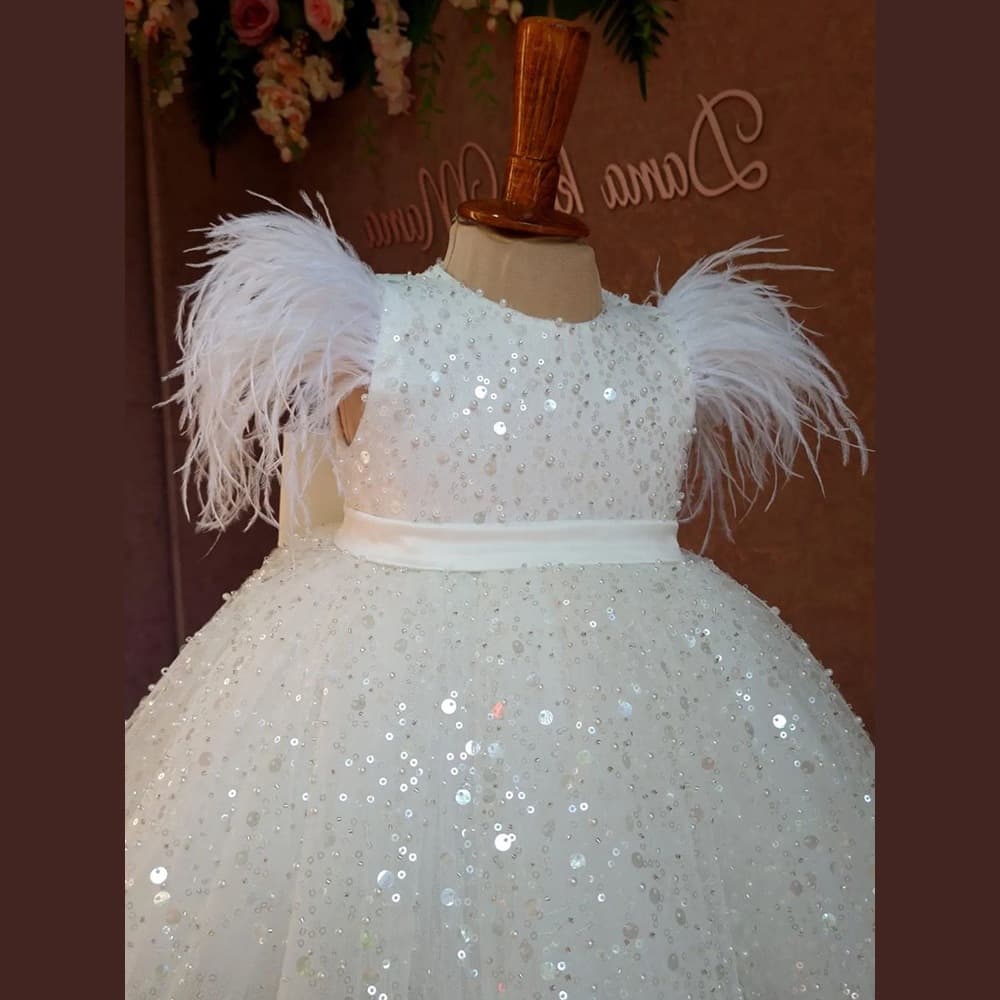 Amazon Girls Dress 2025 New Small and Medium-Sized Children's White Sequin Puff Skirt Feather Children's Princess Dress Wholesale