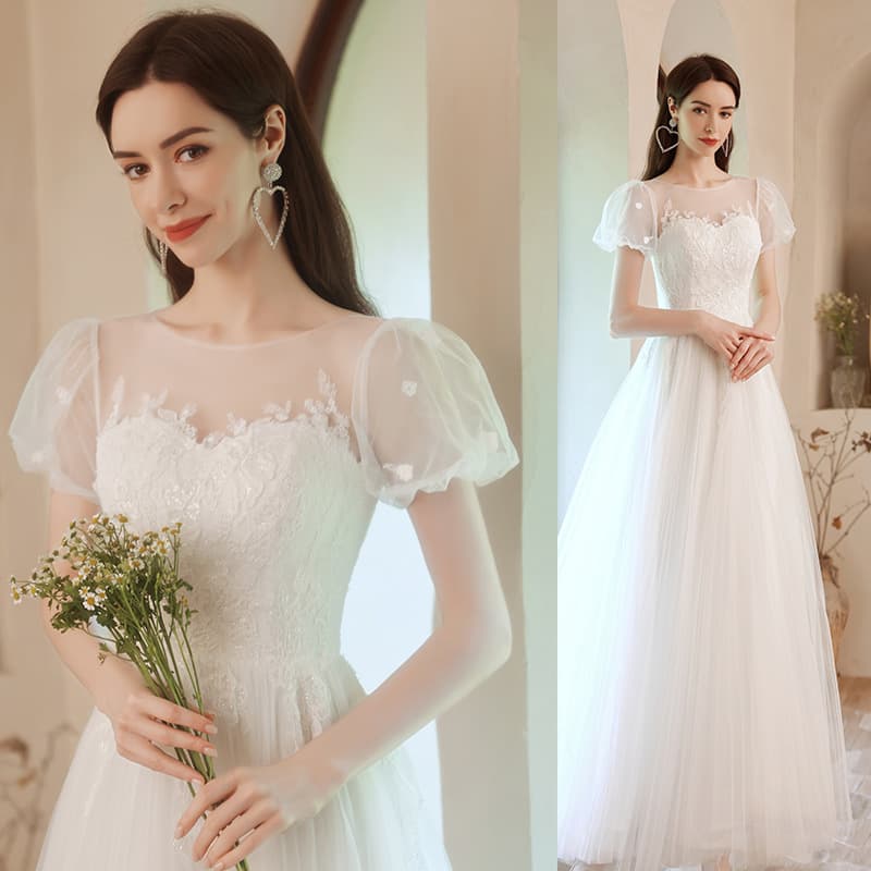 Princess Bride Bubble Sleeve Light Wedding Dress White Bridesmaid Dress 2026 New Style Elegant Performance Catwalk Host Gown