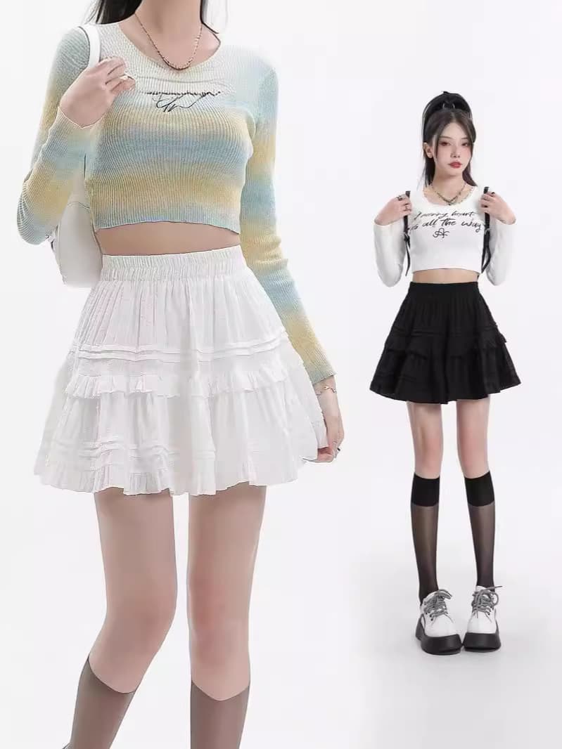 Elastic Waist Lace Cake Skirt Midi Student Uniform Style Slimming High Waist Fashionable Women's Skirts Solid Color Gathered