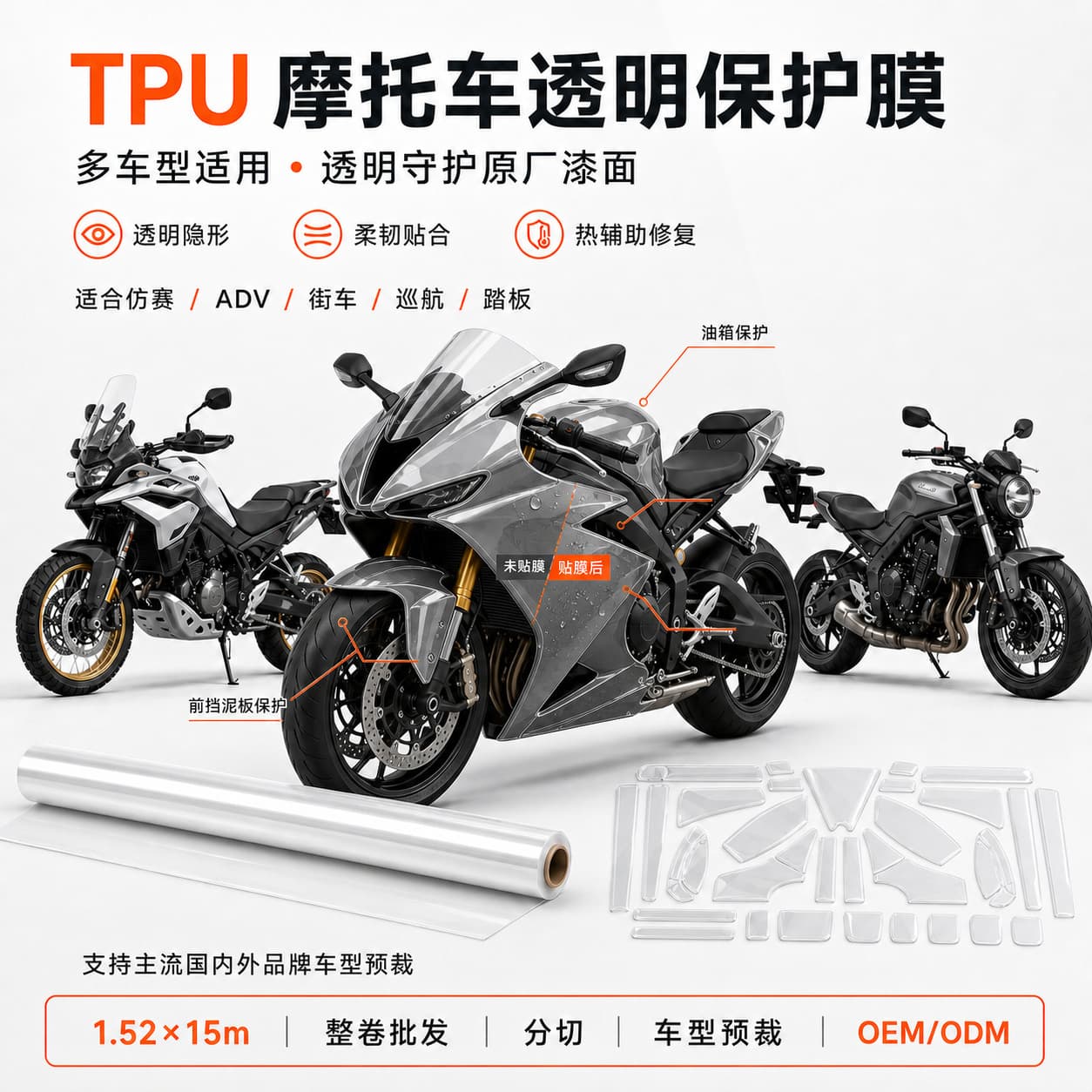 Factory Wholesale TPU Motorcycle Invisible Paint Protection Film Transparent Clear Scratch-Resistant Heat Repair Full Roll Electric