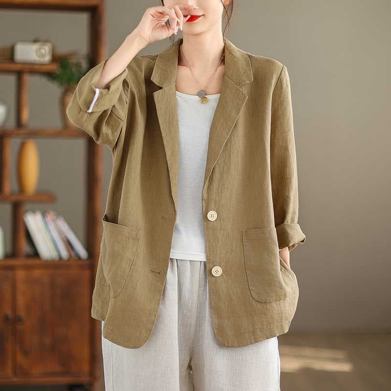 Women's Casual Linen Suit Jacket, Spring 2024 New Style, Artistic Retro Solid Color Loose Versatile Suit Top