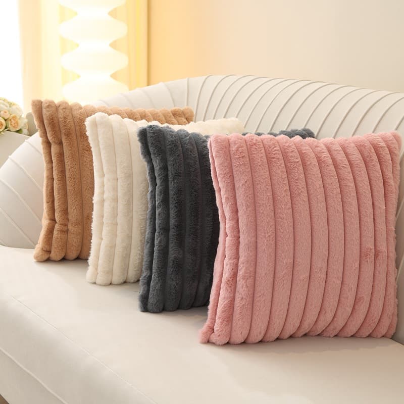 Nordic cream ins style solid color vertical strip imitation rabbit plush pillow cover single-sided simple sofa bedroom pillow cushion cover