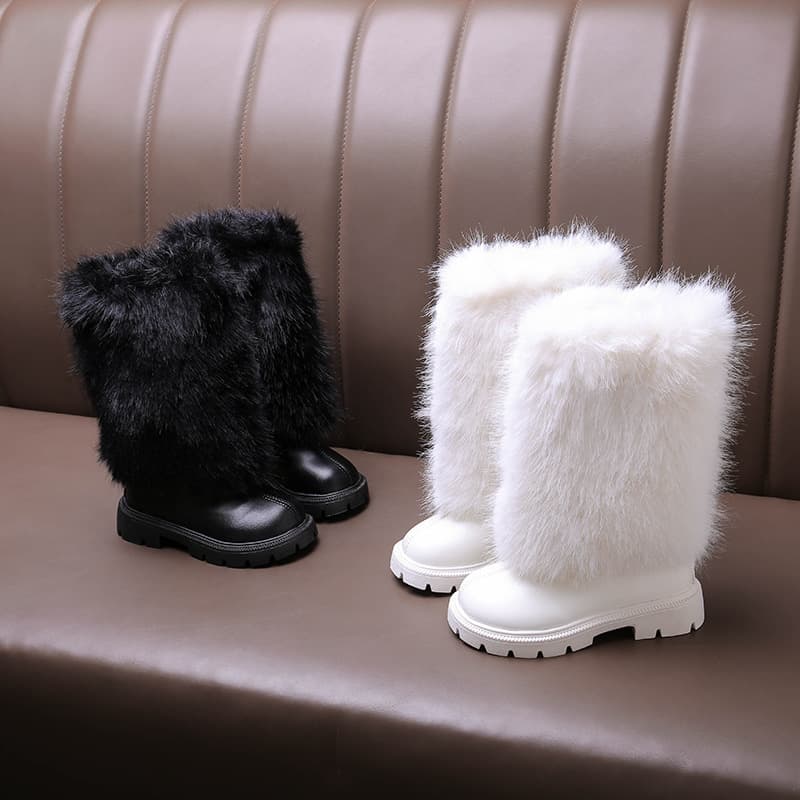 Girls' Foreign Trade Leather Boots 2025 Autumn Winter New Fashion Stylish Long Boots with Fur Trim Soft Sole High Boots Fashion Boots