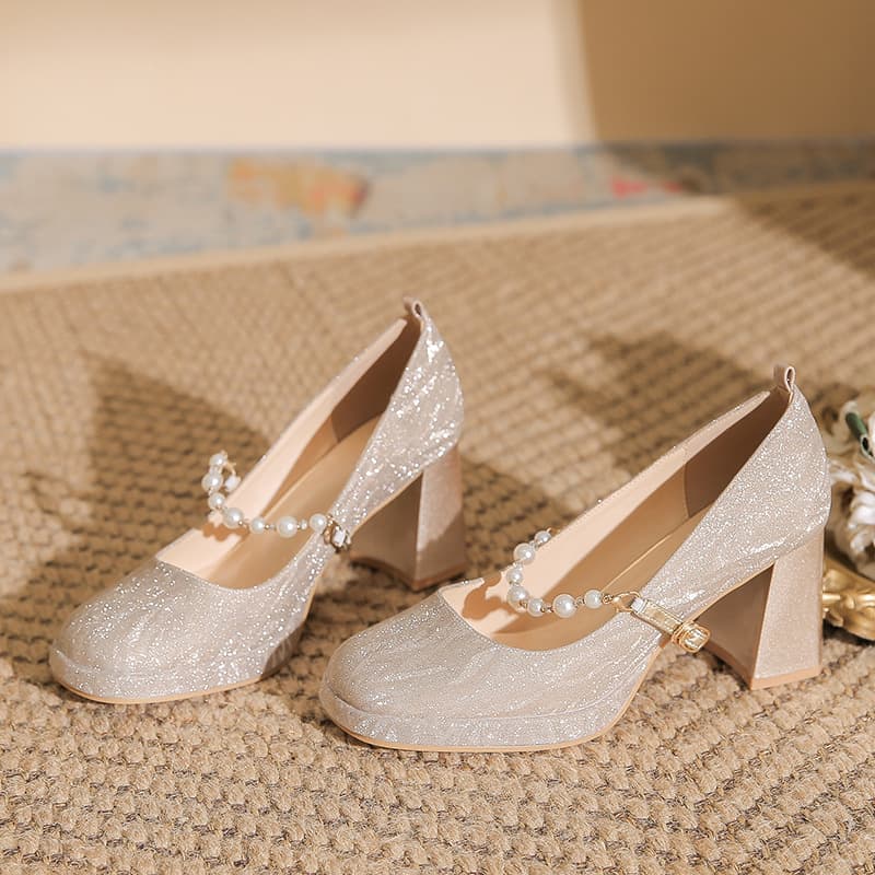 Champagne Wedding Shoes Bride Shoes One-Strap Square Toe Chunky Heel Platform High Heels 2026 Spring Autumn Mary Jane Women Shoes