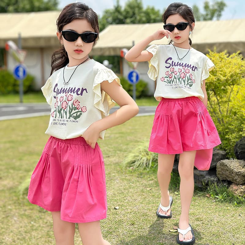 2025 New short-sleeved two-piece summer set for stylish big and medium girls