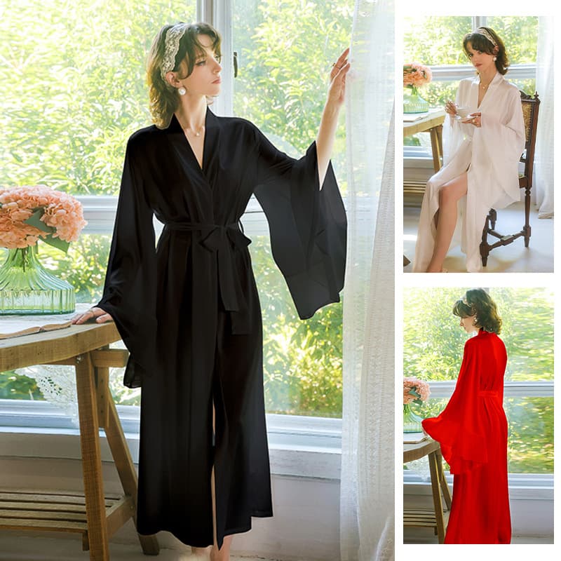 Feiyun Satin Flared Long Sleeve Robe, Bride Morning Robe with Inner Tie, Multiple Colors Available, Homewear 801